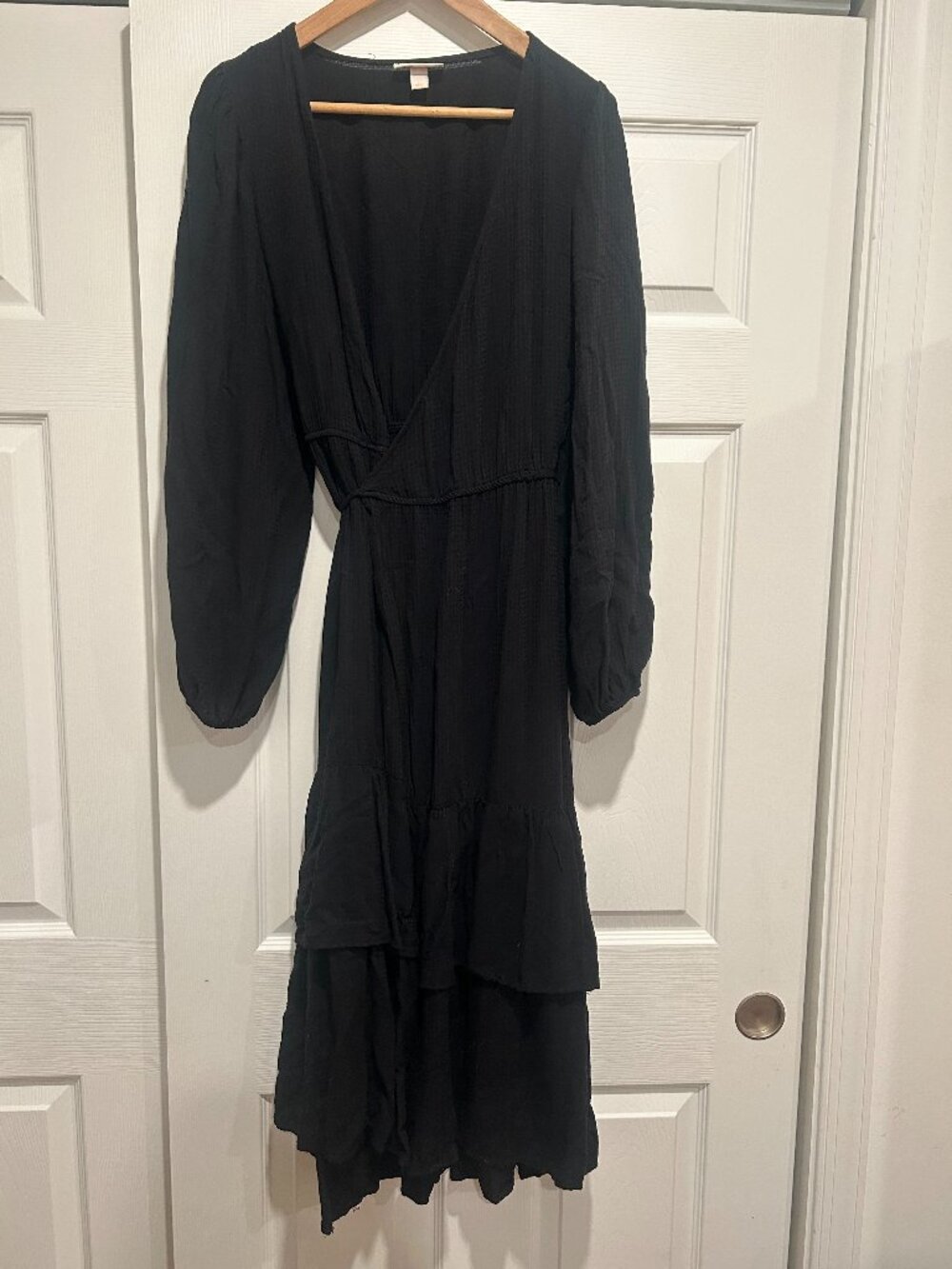 Knox Rose Black Wrap Midi Dress Tiered Ruffle Balloon Sleeve Boho M